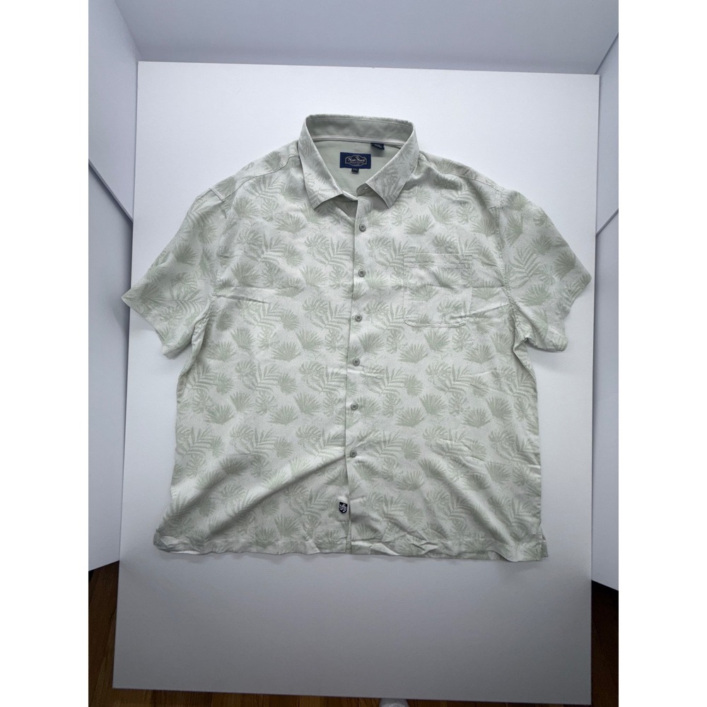 Nat Nast Mens XXL Silk Cotton Sage Green Tropical Palm Leaf Button Up Shirt